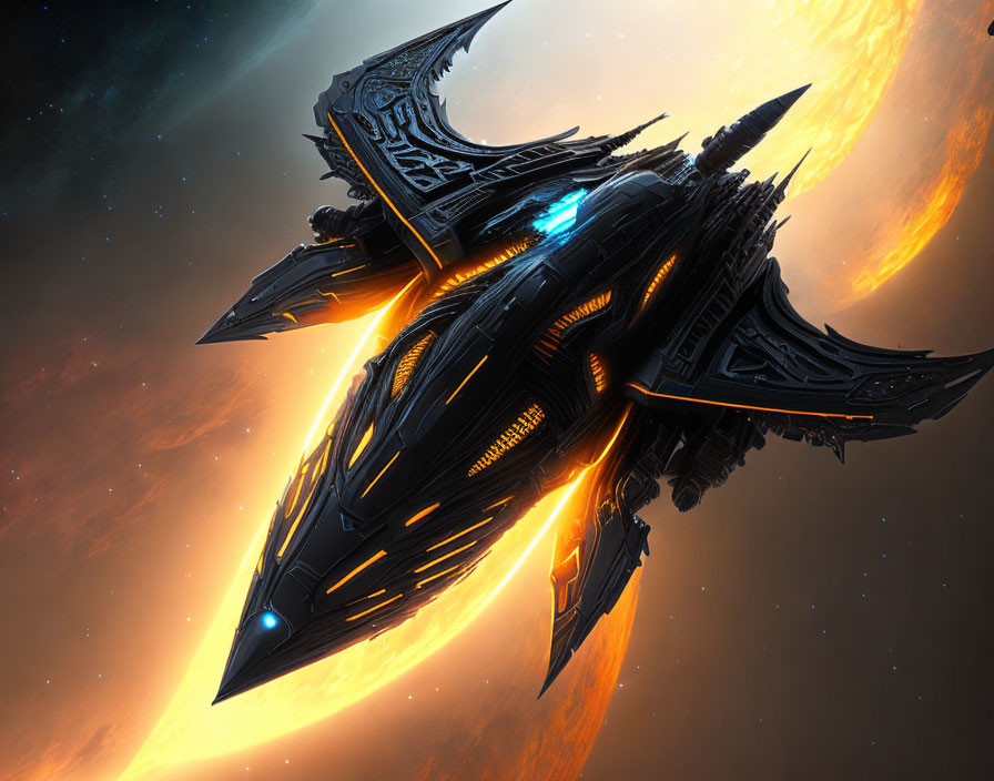 Futuristic spaceship with intricate designs near giant blazing sun