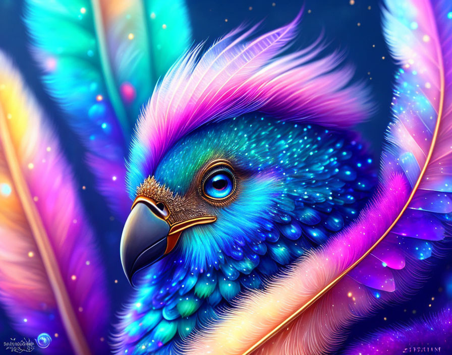 Colorful digital illustration of a bird with blue and purple feathers and a striking golden eye