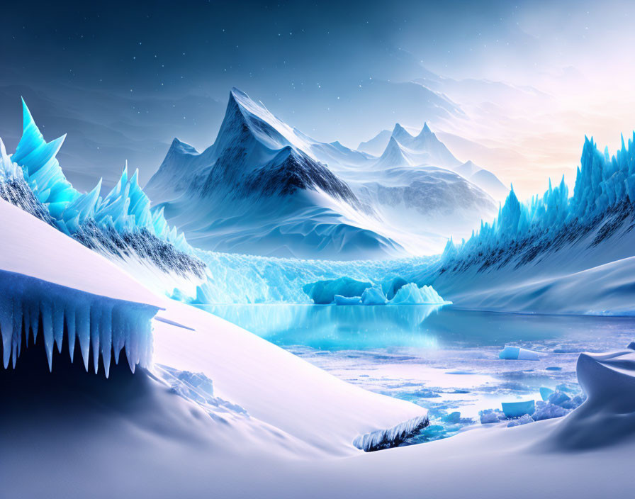 Snowy Landscape with Blue Ice Formations, Frozen Lake, and Twilight Mountains