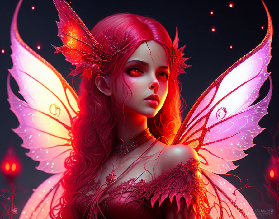 Fantasy fairy digital artwork with pinkish-red hair and glowing red accents