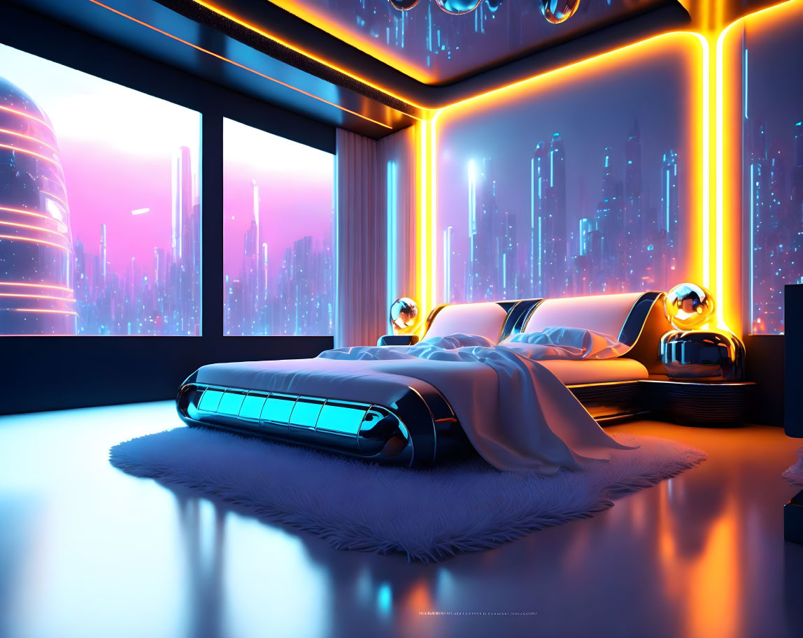 Sleek Bed Design in Futuristic Bedroom with Neon Lights