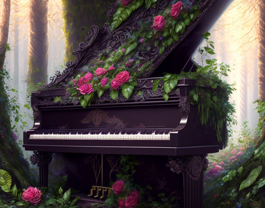 Black Piano with Pink Roses and Ivy in Mystical Forest Setting