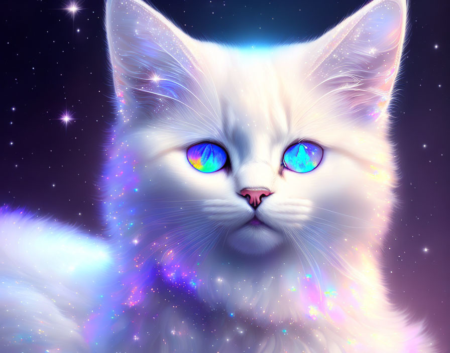 White Cat with Blue Eyes in Starry Galaxy Background