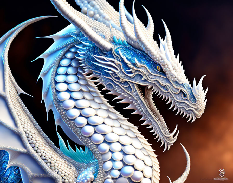 Detailed Blue and White Dragon Illustration on Dark Background