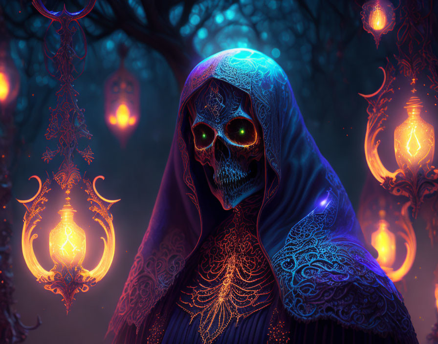 Skull-faced figure in hooded cloak with lanterns in misty forest