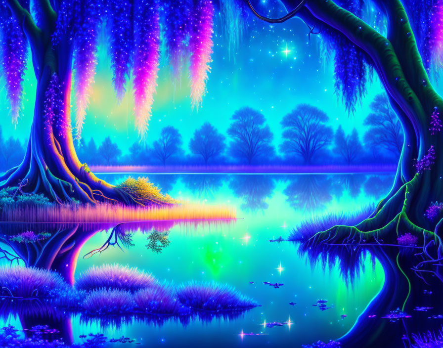 Luminous trees and serene lake in mystical fantasy landscape