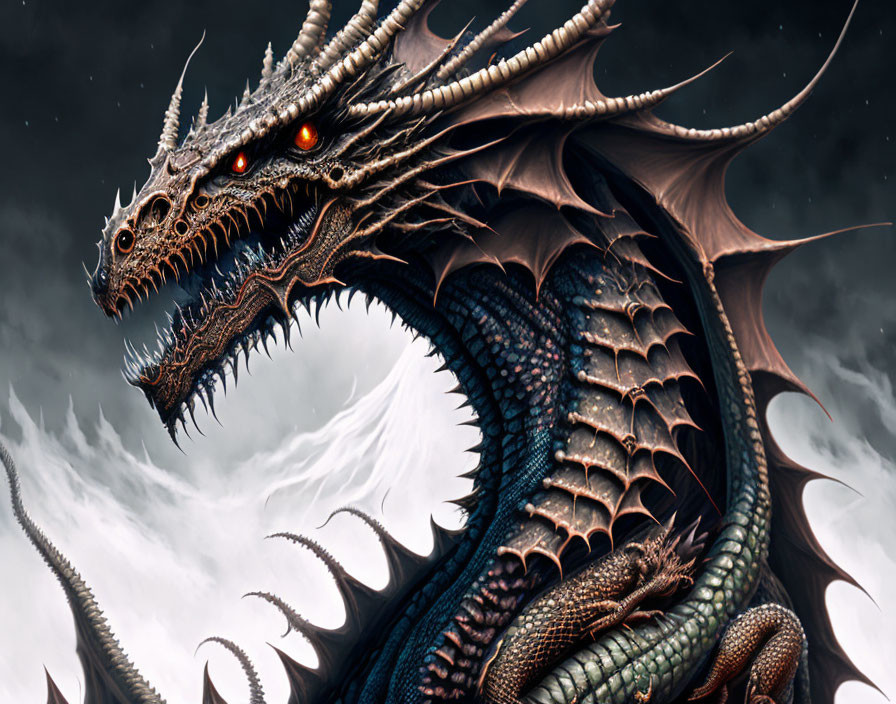 Mythical multi-headed dragon with glowing red eyes in stormy sky.