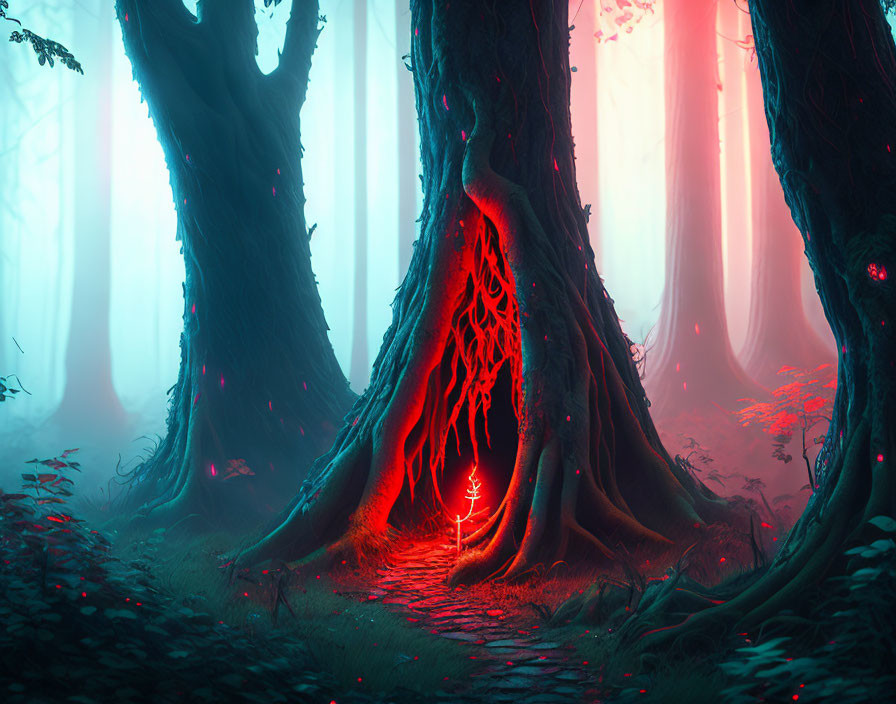 Enchanting forest scene with glowing red entrance and luminous figure