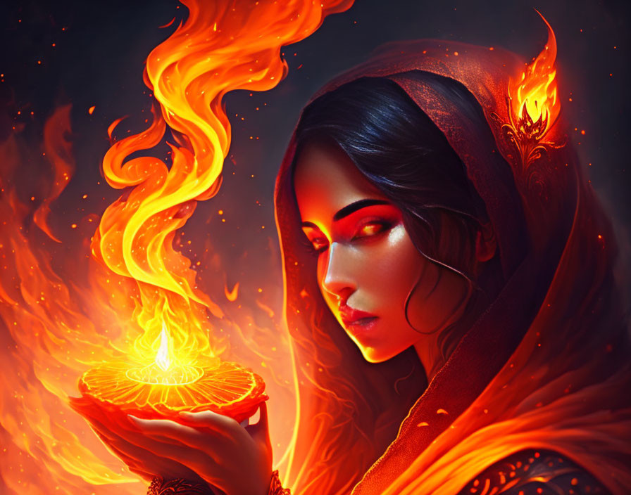 Mystical Woman in Red Cloak with Fiery Object and Intense Gaze