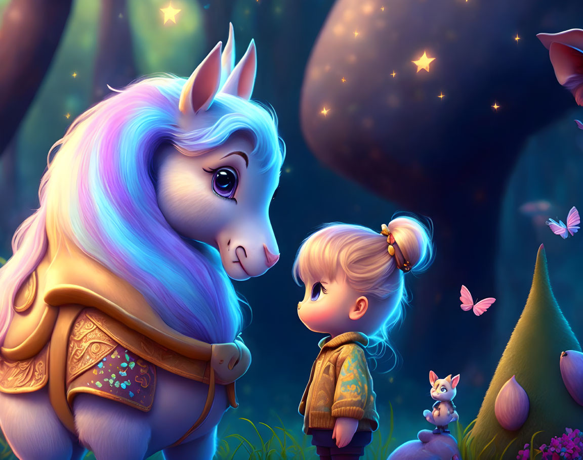 Young girl with ponytail meets unicorn in enchanted starlit forest