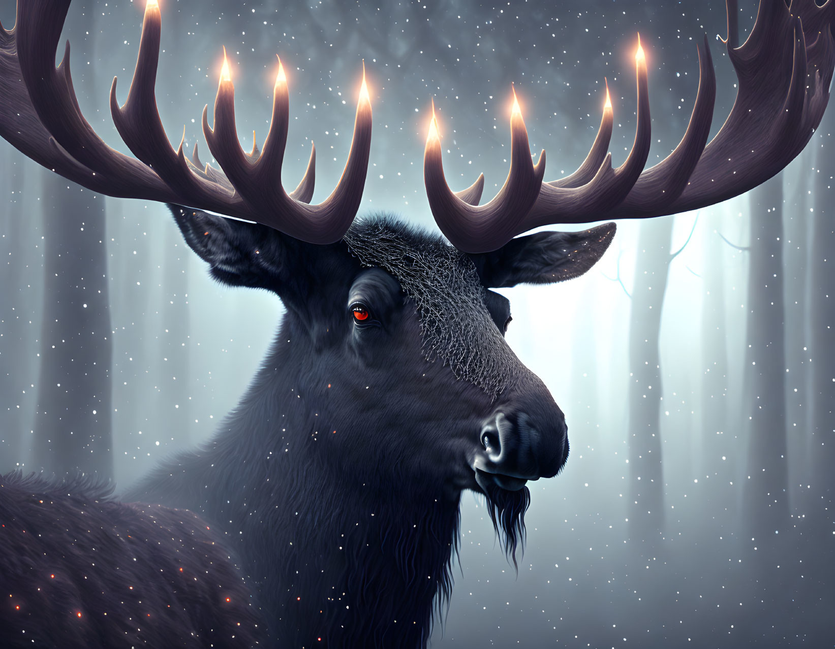 Majestic stag with glowing antlers in snowy forest scene