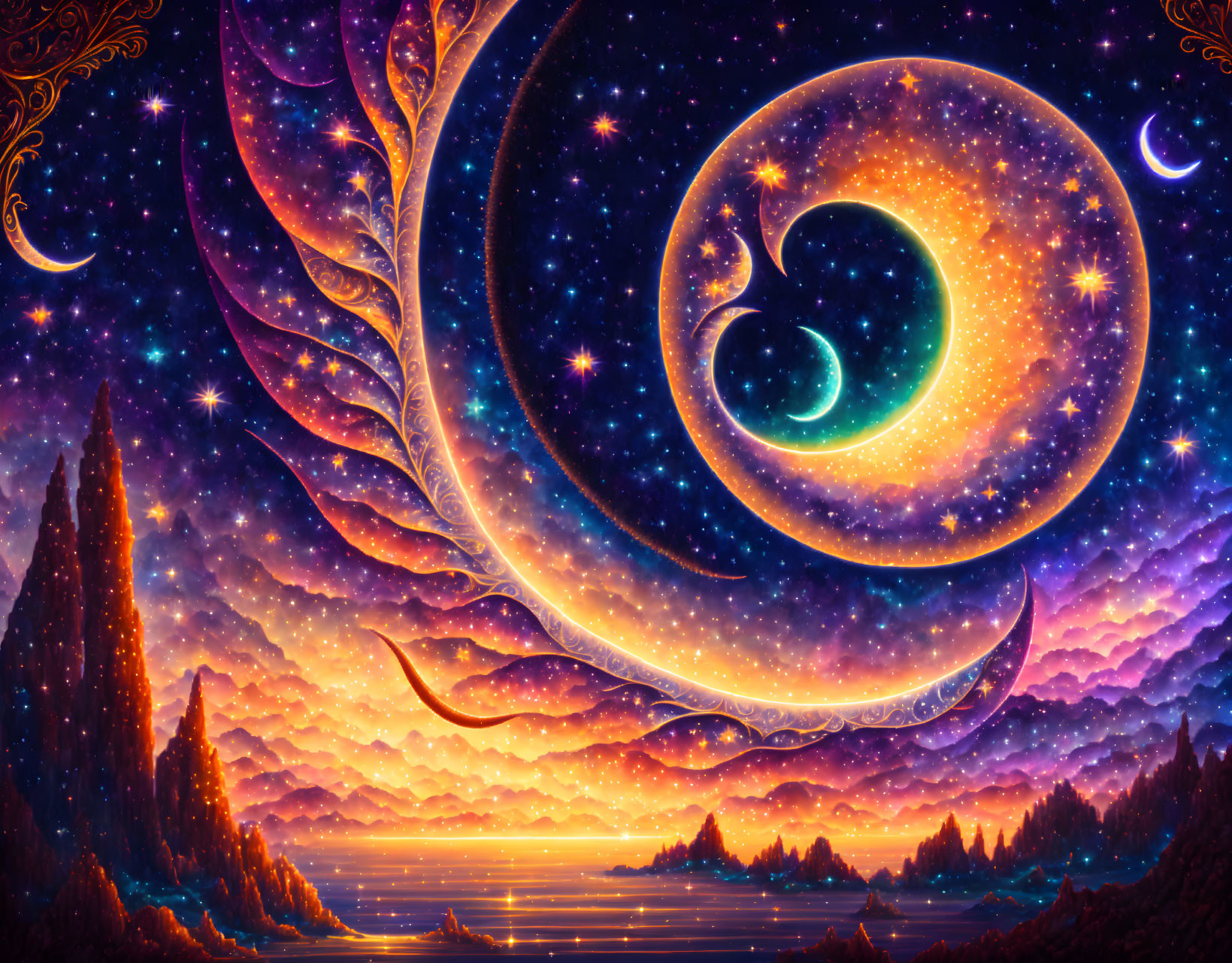 Fantasy landscape with ornate crescent moon, cosmic patterns, purple forest, and tranquil lake