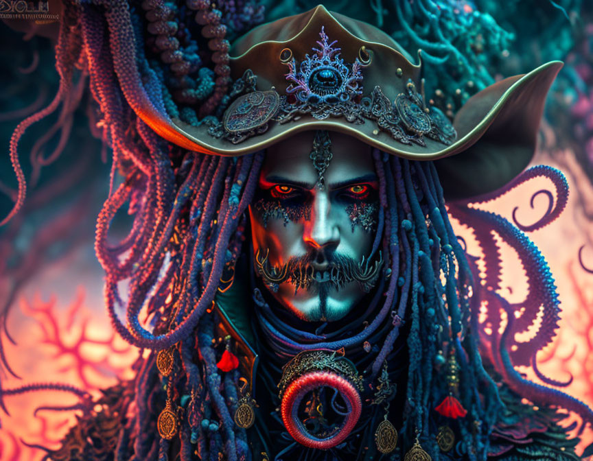 Intricate blue and gold pirate-themed makeup with tentacles and coral backdrop