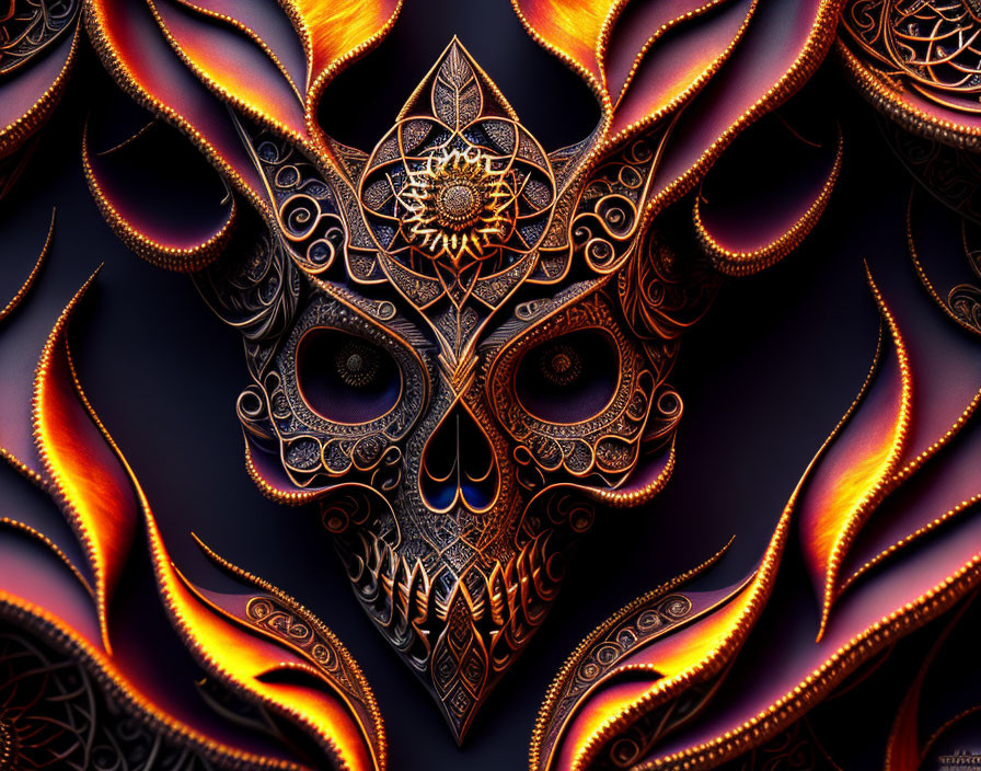 Colorful digital artwork of intricate skull mask with fiery orange wings on dark backdrop