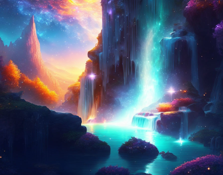 Luminous Waterfalls and Colorful Flora in Fantasy Landscape