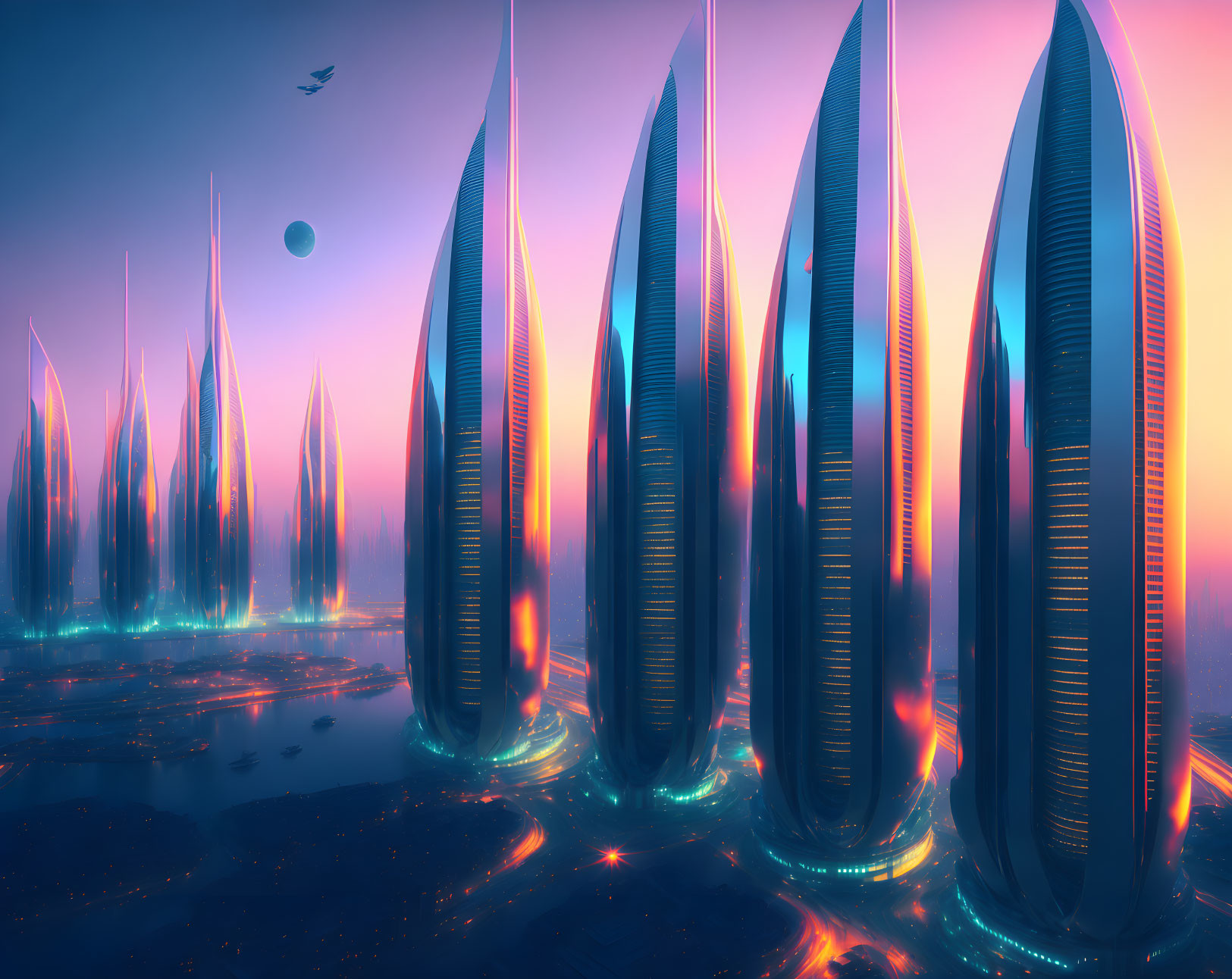 Futuristic cityscape with tall towers under pink and blue sky