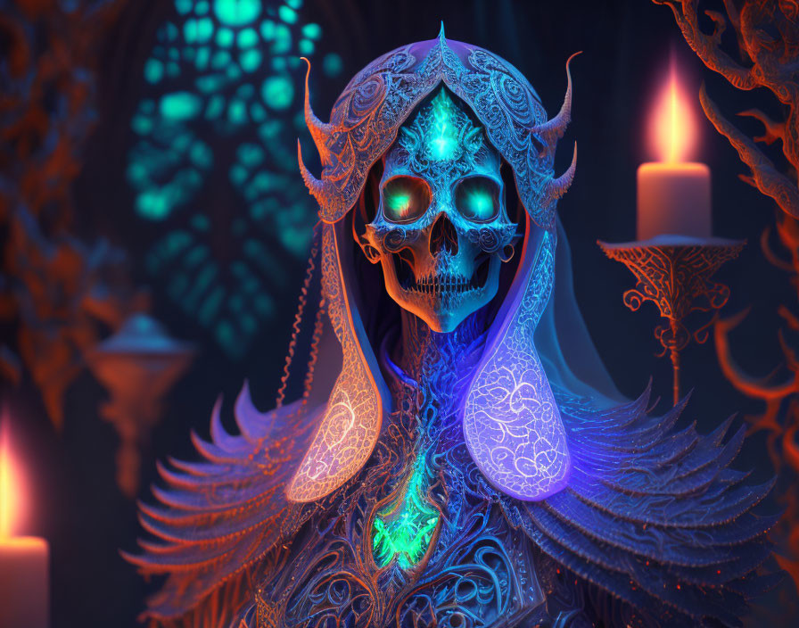 Intricate blue and purple skull art with glowing eyes