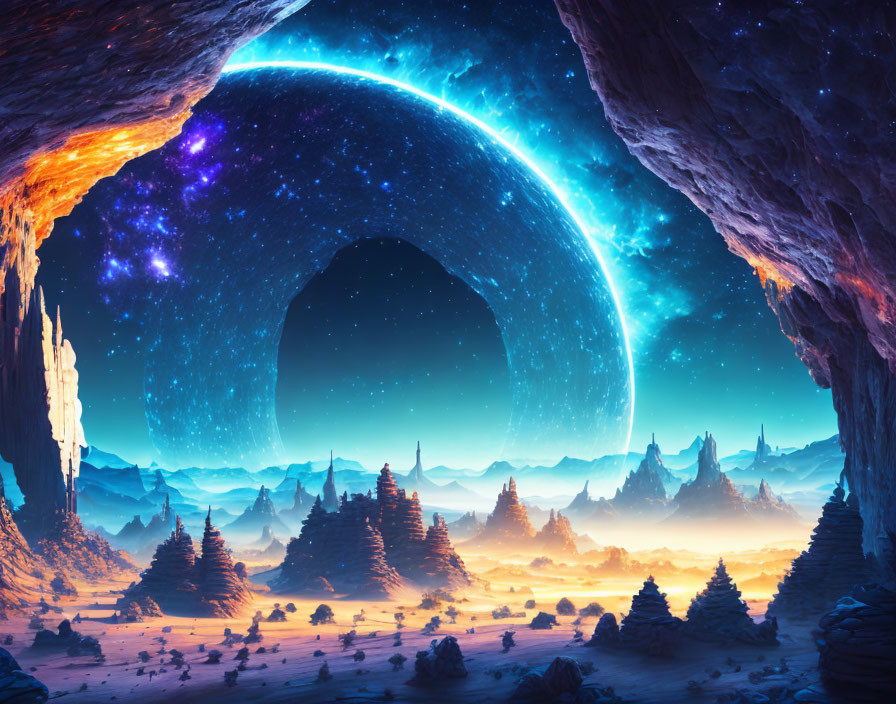 Sci-fi landscape: Glowing planet over alien terrain with rock formations