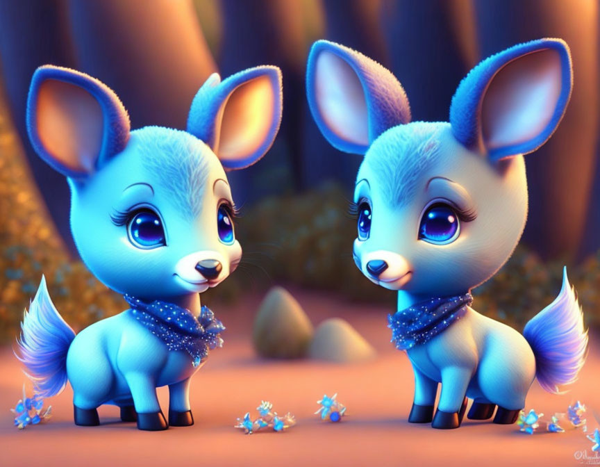 Stylized anthropomorphic blue deer in enchanted forest with large eyes.