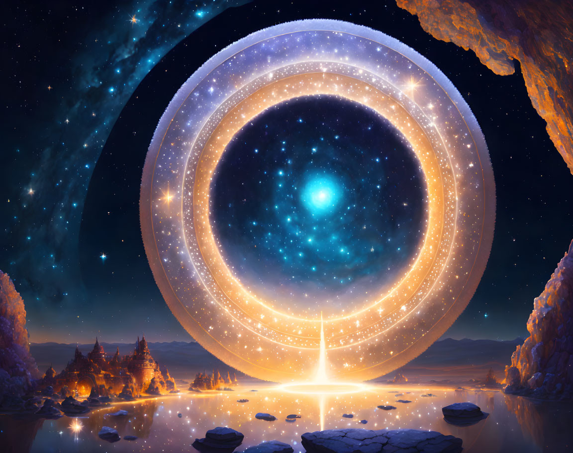 Fantastical portal with glowing rings in night landscape and starry sky.