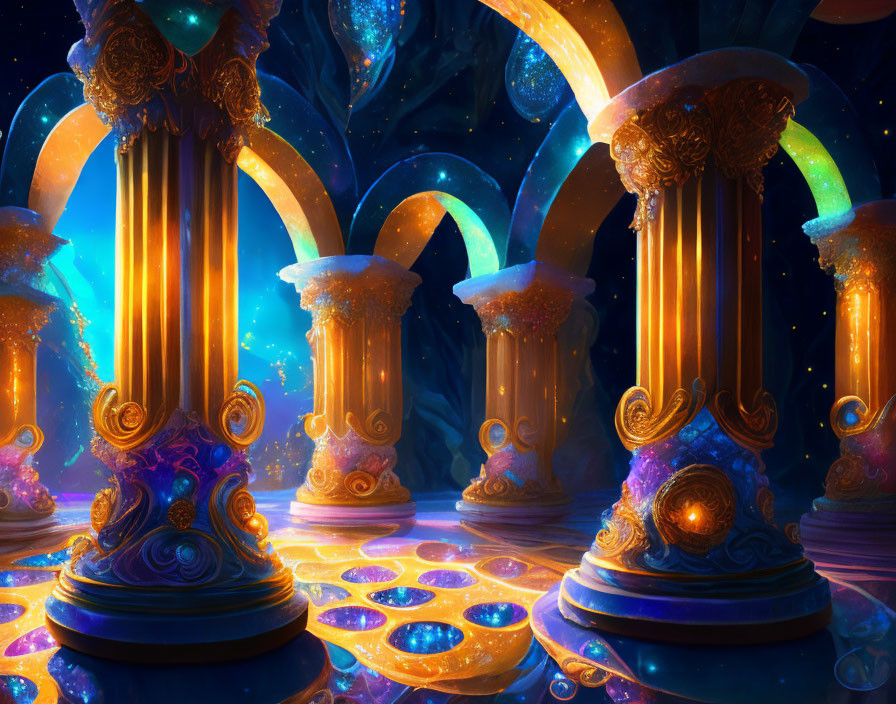 Fantastical Scene with Glowing Pillars Against Starry Backdrop