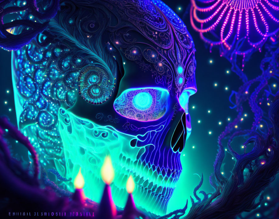 Neon-colored digital artwork of patterned skull with glowing blue eye