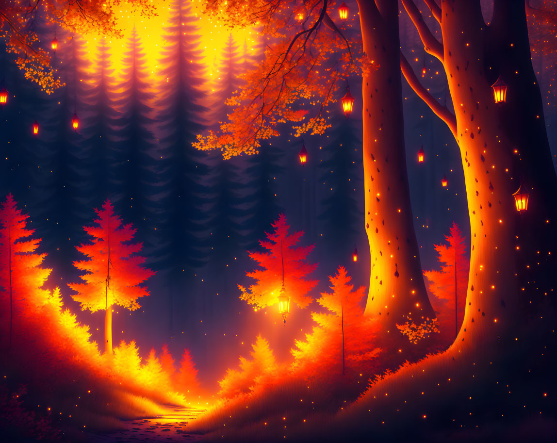 Enchanting forest with towering trees and floating lanterns