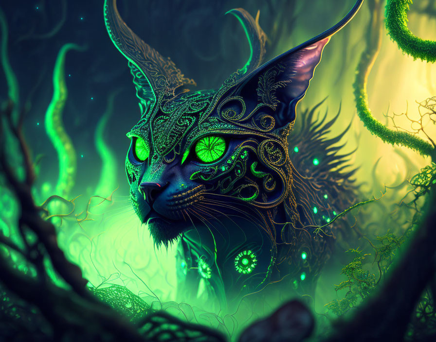 Mystic cat with green eyes in enchanted forest with tribal markings