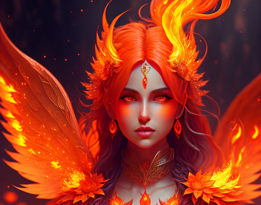 Fantasy illustration of woman with red hair, wings, orange floral accessories