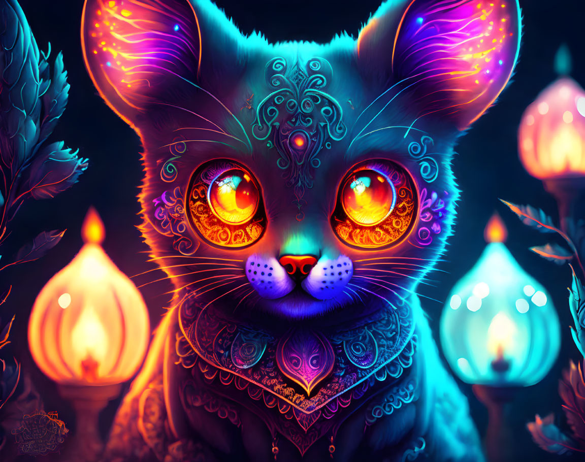 Colorful illustration of mystical cat with glowing eyes and ornate patterns, surrounded by lanterns and foliage