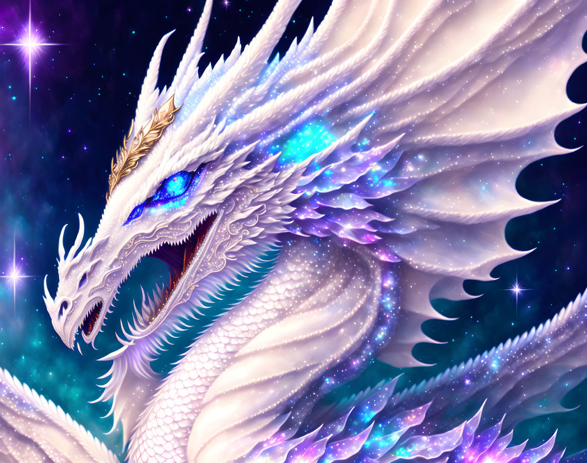 White Dragon with Blue Eyes and Golden Accents in Starry Night Sky