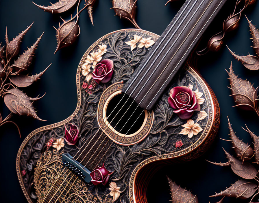 Intricately Carved Guitar with Floral Patterns and Autumn Leaves on Dark Background