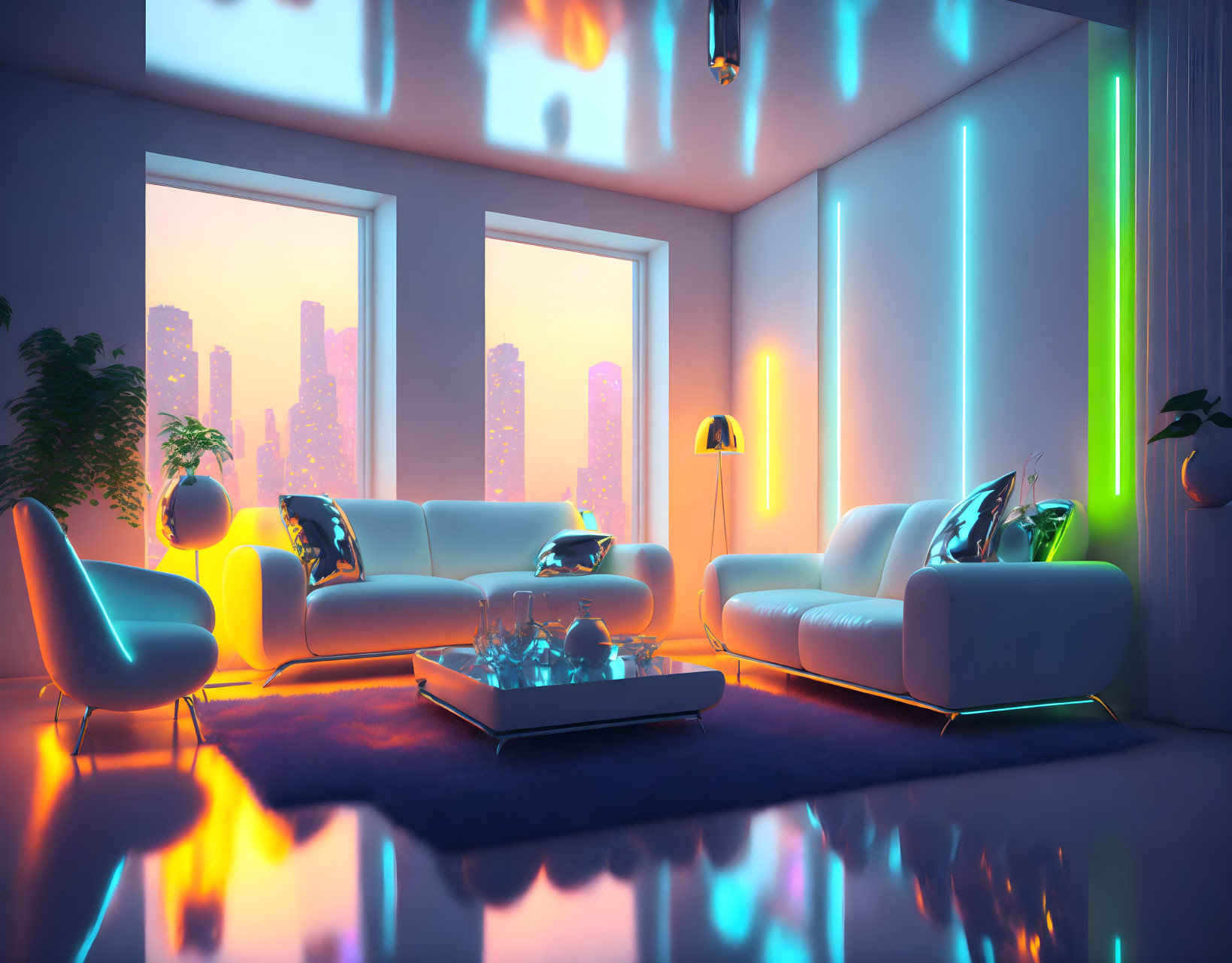 Stylish Modern Living Room with Neon Lights and Cityscape View