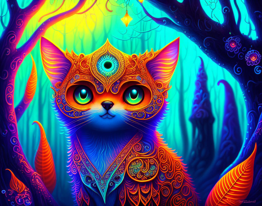 Colorful Digital Artwork: Ornate Mystical Cat in Enchanted Forest