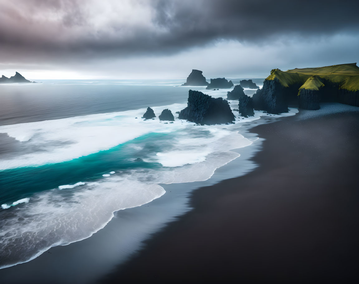 Dark, moody seascape with waves crashing on rocky cliffs