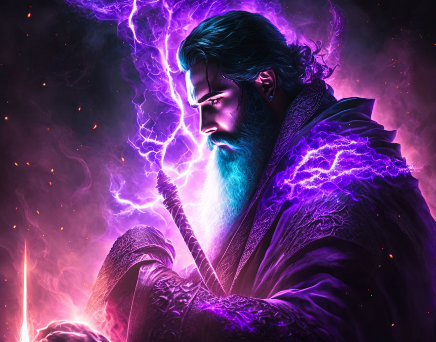 Intense Bearded Man Amid Purple Lightning and Mystical Glow