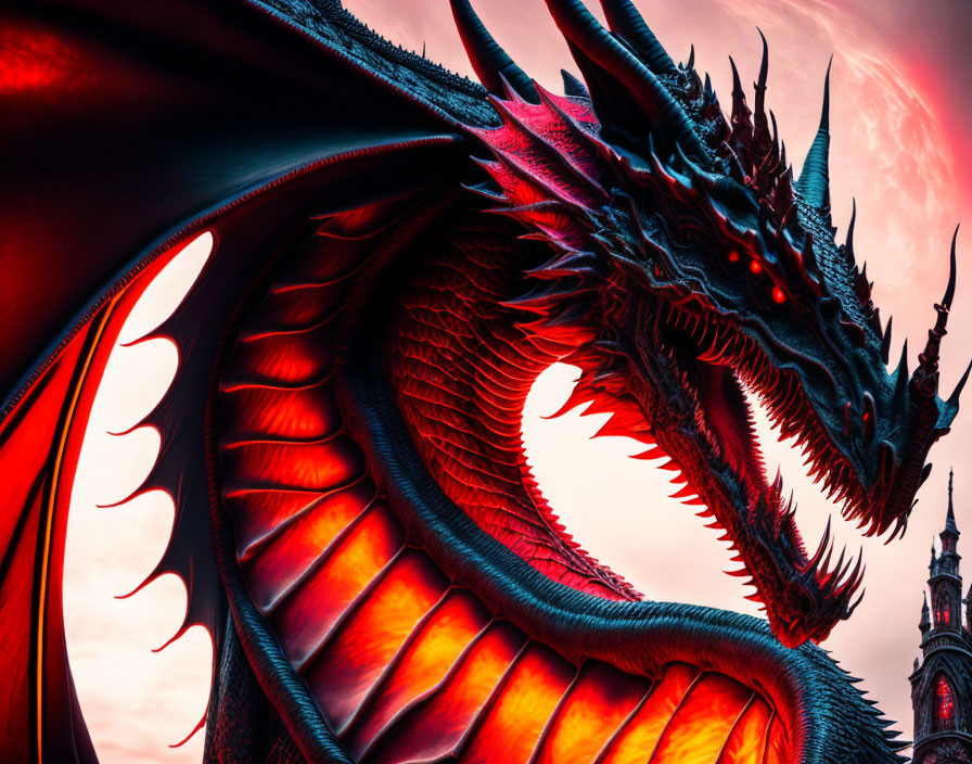 Red dragon with intricate scales and large wings in fantasy scene against dramatic sky with red planet