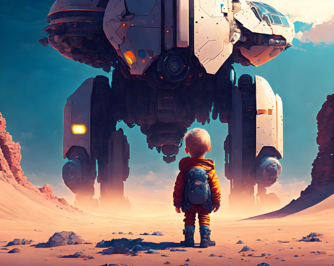 Child with backpack gazes at massive sci-fi robot in desert terrain