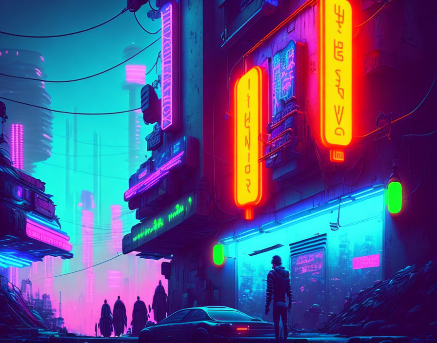 Futuristic neon-lit cityscape at dusk with silhouetted figures and vibrant signs