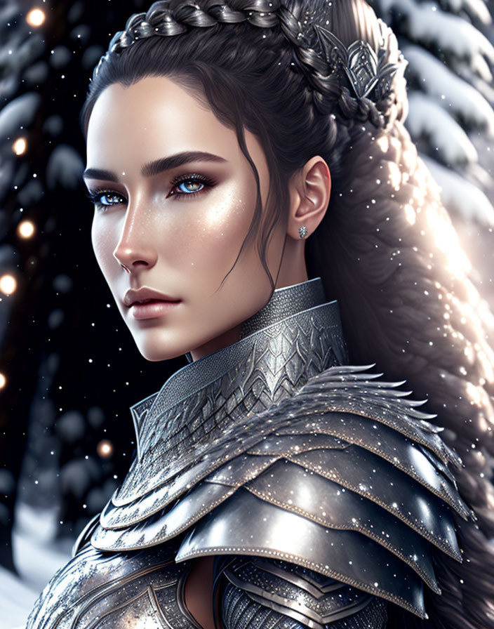 Woman with Braided Hair in Glittery Makeup and Silver Armor on Snowy Background