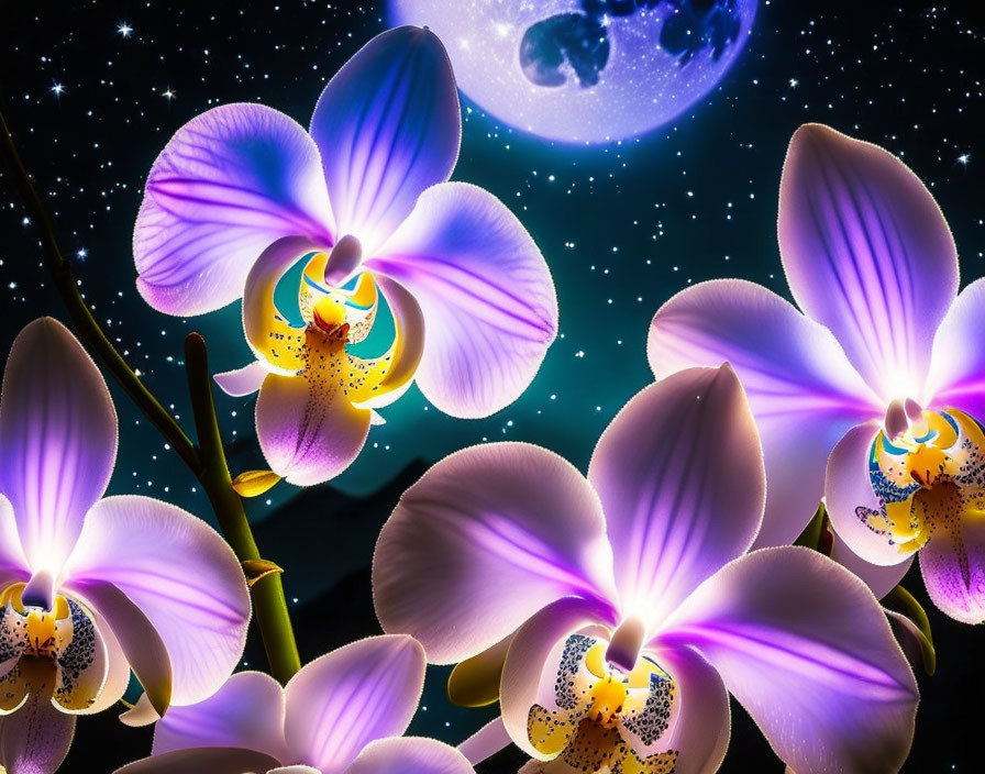 Purple Orchids Against Starry Sky with Earth and Moon View