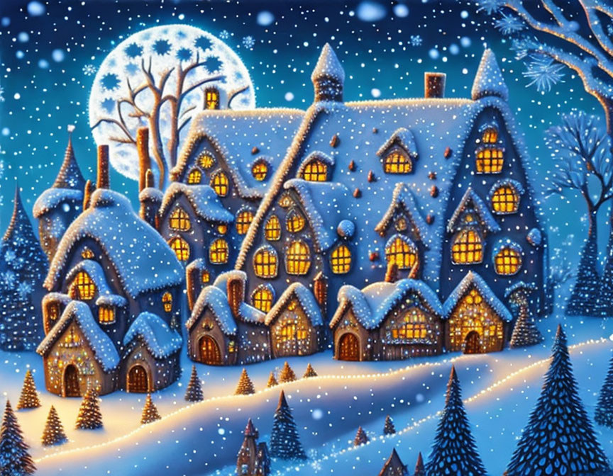 Snow-covered village illustration with cozy houses and pine trees under starry night sky