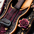 Dark Floral and Ornamental Design Guitar with Black Pickguard and Detailed Fretboard Inlays