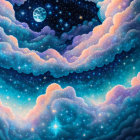 Vibrant digital artwork: Layered clouds, stars, full moon in blue and purple.