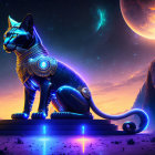 Neon-lit Egyptian cat deity statue under alien night sky