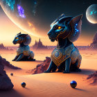 Stylized Egyptian sphinx statues in surreal desert landscape with dramatic rock formations and two moons.