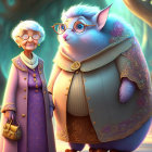 Elderly woman and anthropomorphic cat with glasses in glowing forest