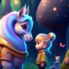 Young girl with ponytail meets unicorn in enchanted starlit forest