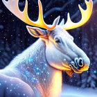 Majestic white deer with glowing antlers in snow-covered forest