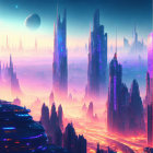 Futuristic cityscape with glowing towers, moon, planet, and bustling traffic.